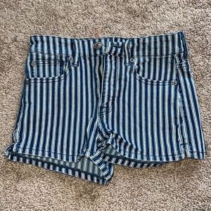 Blue and white striped denim shorts